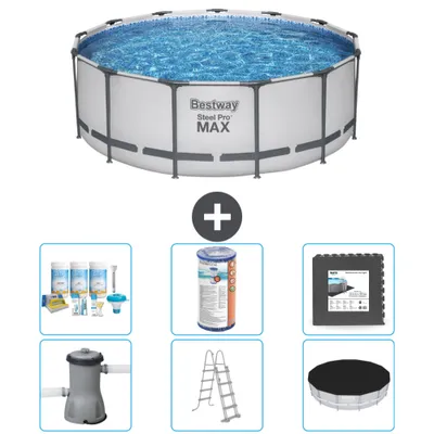 Produktbild von Bestway Round Steel Pro MAX Schwimmbad – 396 x 122 cm – Grau – inklusive Pumpe – Leiter – Abdeckung Wartungspaket - Filter - Bodenfliesen