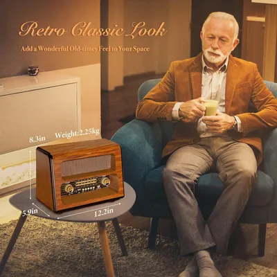 Obrázek produktu pro Retro rádio – Vintage AM/FM/SW rádio s Bluetooth a nabíjecí baterií – provedení z ořechového dřeva