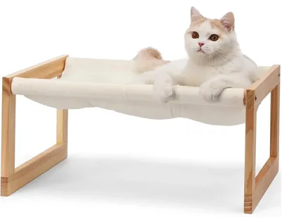 Immagine prodotto di Amaca per gatti - Lettino rialzato per interni - Struttura in legno con superficie di riposo morbida - Cuccia per animali domestici 50x40x25 cm - Bianco