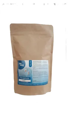 A brown resealable pouch of filtergranulate with a blue label containing product information.