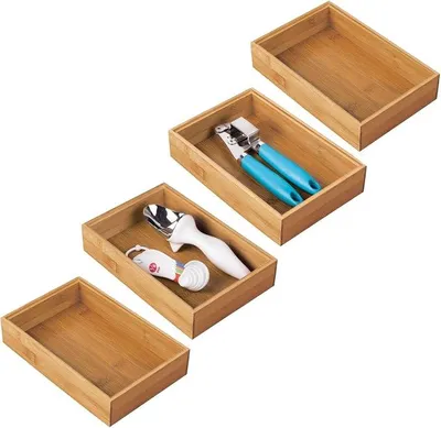 Imagen del producto de Caja de almacenamiento para la cocina: gran cajón de bambú, organizador de cajones apilable para cubiertos y utensilios de cocina, color natural