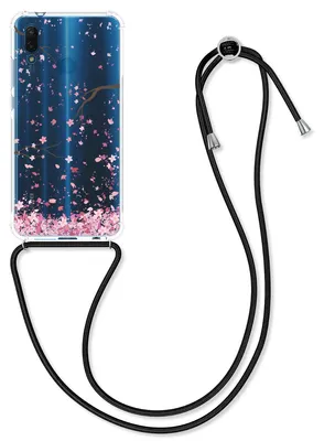Produktbild von kwmobile Necklace Case kompatibel mit Huawei P20 Lite Hülle - Silikon Cover mit Handykette - Rosa Dunkelbraun Transparent Kirschblütenblätter