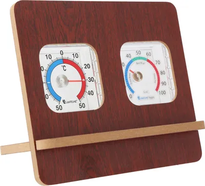 Produktbild von Innenwetterstation mit Holzständer Braun Zimmerthermometer Innen und Hygrometer Set Analoge Temperatur und Luftfeuchtemessung für angenehmes Raumklima