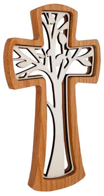 Wandkreuz aus Buchenholz mit Lebensbaum, 20 cm