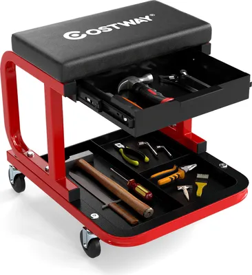 A red and black rolling tool stool with a padded seat and storage drawers filled with tools.