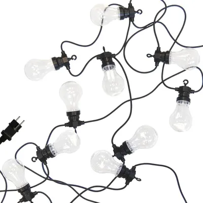 A string of clear LED light bulbs with black cords and sockets, against a white background.