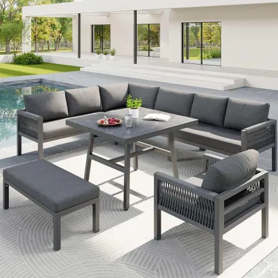 Produktbild von Gartenmöbel Set L-Form Sofa 8 Personen wetterfest Polyrattan mit Tisch Marmor Glas 2 Sessel
