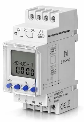 Obrázek produktu pro Digitální časovač s LCD displejem pro astronomické výpočty, montáž na DIN lištu TH-35, 2 kanály, 100 programů, napájení 24V/230V