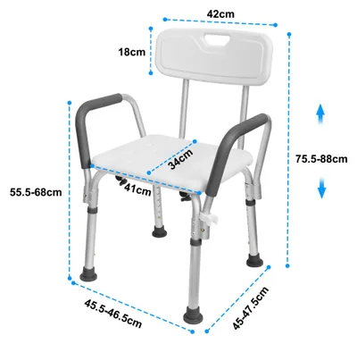 Imagen del producto de Silla de ducha - Asiento de baño con respaldo y reposabrazos - Altura ajustable de 37,5 a 50,5 cm - 5 niveles - Antideslizante - Aluminio/HDPE - Capacidad máxima de 136 kg - Sin acolchado