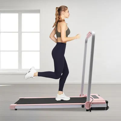 Zdjęcie produktu dla Bieżnia Mini Elektryczna Bieżnia do chodzenia z poręczą Stojący sprzęt fitness Wyświetlacz LED Pilot zdalnego sterowania (różowy)