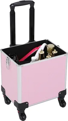 A pink rolling makeup case filled with beauty products.