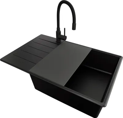 Produktbild von PRIMAGRAN Granitspüle Alles Schwarz 78x50cm, Spülbecken 1 Becken + Ablauf-Set + Küchenzubehörset, Küchenspüle ab 60er Unterschrank - Kopenhagen