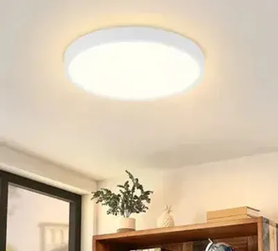 A white, circular LED ceiling light is mounted on a white ceiling. Below the light, a wooden shelf holds a potted plant and some books.