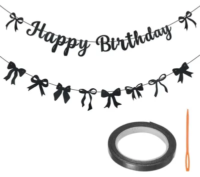 Productafbeelding van Happy Birthday-slingers, zwart met strikken, verjaardagsdecoratie-banner voor feestdecoratie
