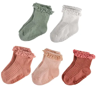 Produktbild von 5 Paar Elastische Antirutsch-Babysocken mit Rüschen für 0-6 Monate