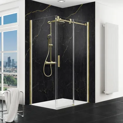 Produktbild von Duschtür mit Seitenwand mit Gleittür/Schiebetür SCHULTE MasterClass ExpressPlus 140 x 90 cm Profil gold Klarglas Türansc