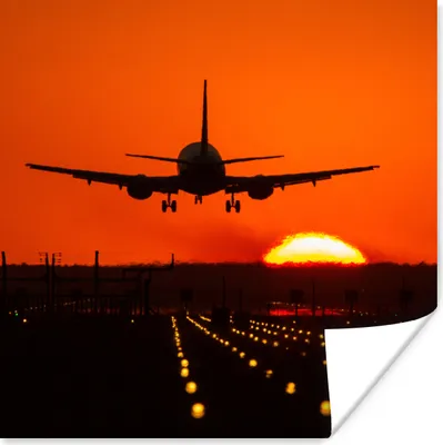 Produktbild von MuchoWow® Poster Sonnenuntergang - Flugzeug - Orange - Sonne 75x75 cm - Wand Dekoration