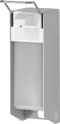Produktbild von Manueller 1 l Hygienespender von Ophardt | kurzer Bedienhebel | für Seife, Desinfektion und Lotion, Farbe:Grau, Ausführung:Aluminium Spender mit langlebiger Edelstahlpumpe mit gekröpftem Saugrohr