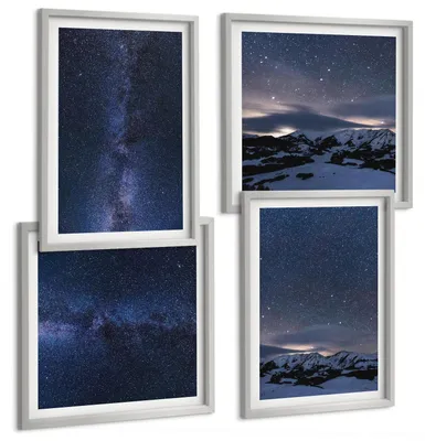 Produktbild von Bilder Set 4-teilig im silbergerahmten Rahmen – Wandbilder 4 Stück – gerahmte Poster für Wohnzimmer, Schlafzimmer und Flur – 50x50 cm - 40x60 cm – Nachthimmel, Berge, Sterne