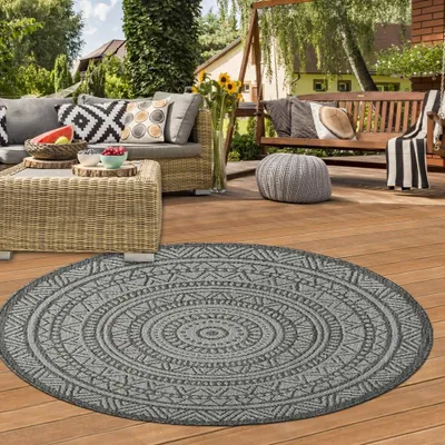 Produktbild von Runder Outdoor-Teppich mit Ethno-Muster – Elegantes Anthrazit und Schwarz, wetterfest und modern Größe - 120 cm Rund