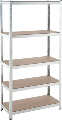 A metal shelving unit with five shelves against a white background.