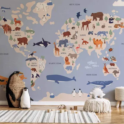 Produktbild von Vlies Fototapete - World Map With Animal Illustrations 300x210 cm Für Kinder k-C-10036-a-a