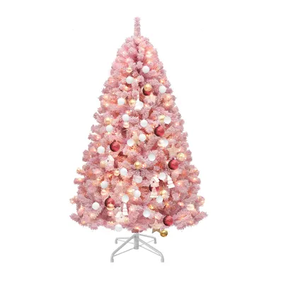 Produktbild von 1,8 m hoher, rosa beflockter Weihnachtsbaum, beleuchtet, rosa Fichte mit 928 beflockten PVC-Spitzen und 250 warmweißen Lichtern für die Heimdekoration