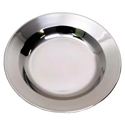 A single, empty metal plate shown from a top-down diagonal angle.