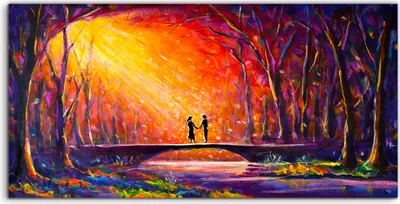 Produktbild von Coloray Acrylbild 140x70  Wandbild Acrylbilder Paar auf der Brücke im Wald bei Nacht