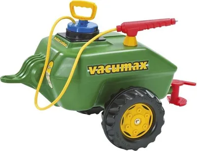 A green toy water tanker with a yellow hose and handle, a blue cap, and a red spray nozzle, mounted on yellow-rimmed black wheels.