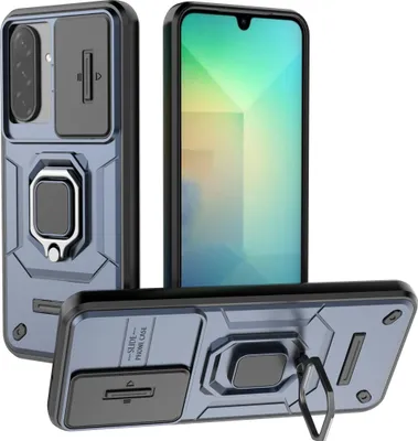 Immagine prodotto di Custodia per Samsung Galaxy A26 a doppio strato con protezione scorrevole per la fotocamera e supporto per l'anello, stand blu