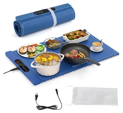 Produktbild von COSTWAY Elektrische Wärmematte Silikon, Speisewärmer rollbar, Warmhalteplatte mit automatischer Abschaltung, 6 Temperaturregelung 50-100℃ & Timer Blau