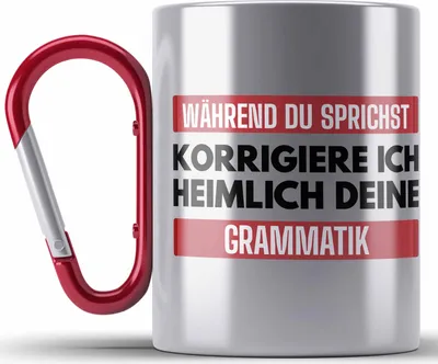 Produktbild von Trendation - Lehrerin Geschenk Edelstahl Tasse Karabiner Geschenkidee Lustig Sprüche Grammatik Spruch (Rot)