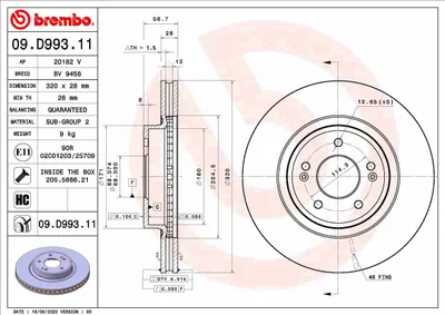 Produktbild von 2x BREMBO Bremsscheibe 09.D993.11 für KIA Stinger Schrägheck (CK) 56 7mm 320mm