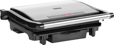 A silver and black electric panini grill is shown from a slightly elevated front-left angle against a white background.
