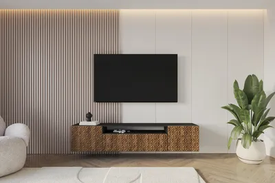 Produktbild von ALTDECOR TV-Schrank VIRA-W mit Gefrästen Fronten 200x40x41 Lowboard hängend, TV Möbel, TV Cabinet, Fernsehtisch, Fernsehschrank, TV Kommode, TV Tisch, TV Sideboard, TV Board - Schwarz / Katania