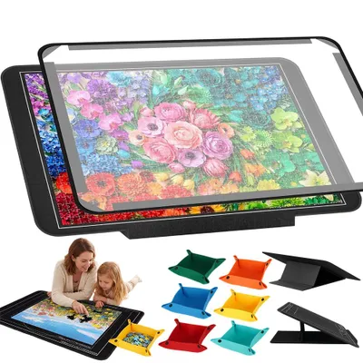 Produktbild von Juksun Puzzlebrett Puzzletisch Puzzle Plattform 81x56cm Filz dunkelgrau 0-30 Grad mit 6 Schalen 500-1000 Teile