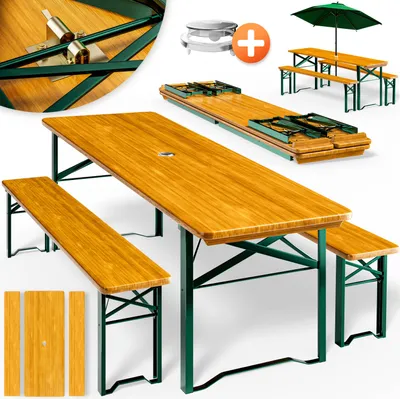 Image de CASARIA® Ensemble table et bancs en bois de brasserie 170x46x75cm pliable Meubles de jardin 3 pièces avec support parasol