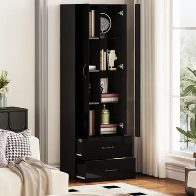 Image de OKWISH Vitrine sur Pied avec LED, Meuble de Salon à Rangement Fermé Anti-Poussière en Panneau de Particules - 59,5x35x182 cm - Noir