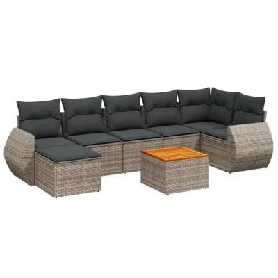 Image de Salon de jardin modulaire 8 pièces, extérieur, résine tressée gris, coussins déhoussables gris foncé, table acacia, rangement intégré, résistant UV