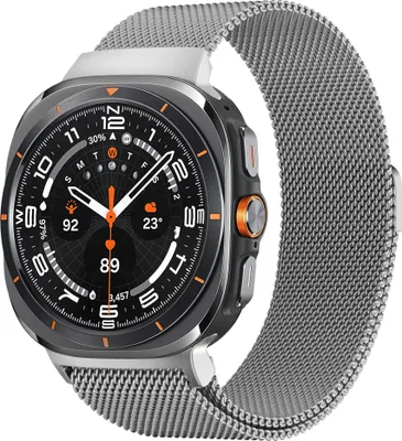 A close-up studio shot of a smartwatch with a Milanese loop band.