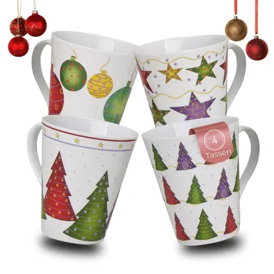 Produktbild von Große Weihnachtstassen 4er Set Sterne Weihnachtsbäume