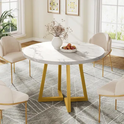 Produktbild von Tribesigns runder Esstisch für 2 Personen, 80 cm Küchentisch mit Metallgestell, kleiner Tisch für Esszimmer, Büros, Restaurants, Weiß & Gold
