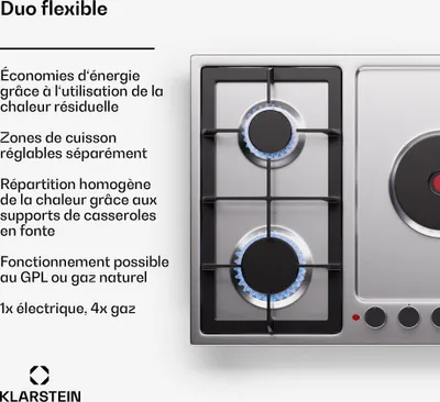 Image de Klarstein MultiChef 5 Plaque De Cuisson Gaz Et Électrique, 4 Brûleurs Gaz & 1 Électrique, 10.1Kw, Acier Inoxydable, Allumage & Arrêt Automatique, Sécurité Enfants, Compacte 87X8X50Cm