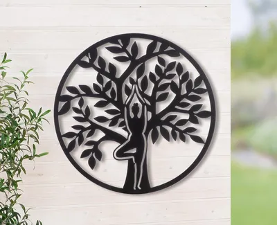 Image de Panneau mural décoratif, rond, "Namaste", motif féminin, motif d'arbre de vie, métal, noir, lot de 2, L. 1 cm, D. 60 cm. Référence : 69841 4063387698419