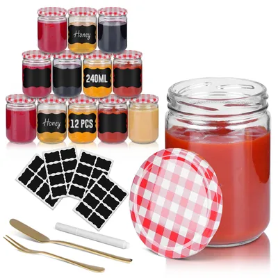 Produktbild von Einmachgläser mit Rot-Weiß Kariertem Schraubdeckel, 12er Set 240ml, Luftdichte Marmeladengläser, Vorratsgläser für Einmachen, Marmelade & Desserts