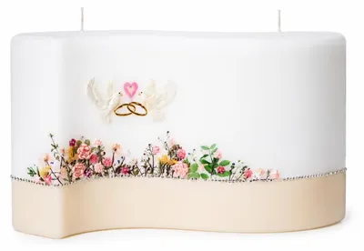Produktbild von Hochzeitskerze Welle mit Tauben, Ringen & Blumen mit Namen & Datum