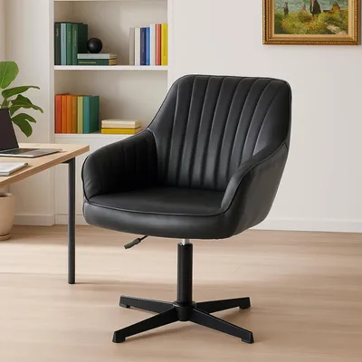 Produktbild von Freizeitstuhl Ohne Rollen, Höhenverstellbar Schminktisch Stuhl, Drehbar und höhenverstellbar, Bis 135 kg Belastbar Desk Chair, Schwarz
