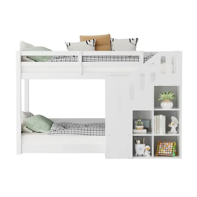 Produktbild von Kinder-Etagenbett,Doppelbett, multifunktionales Kinderbett, Mit Treppen und Schließfächern,stabiles Geländer, ohne Matratze, 90*200cm, Weiß