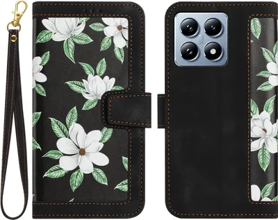Produktbild von Für Xiaomi 14T Kunstleder Wallet Handy Tasche Blumen Design Hülle Etuis Schwarz
